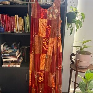 Boho Patchwork Maxi Dress in Rust & Orange